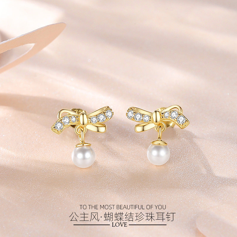 Pearl Bow Stud Earrings